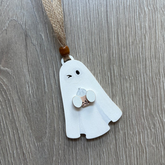 10cm Hand Painted Ghost With Bubble Tea Decoration