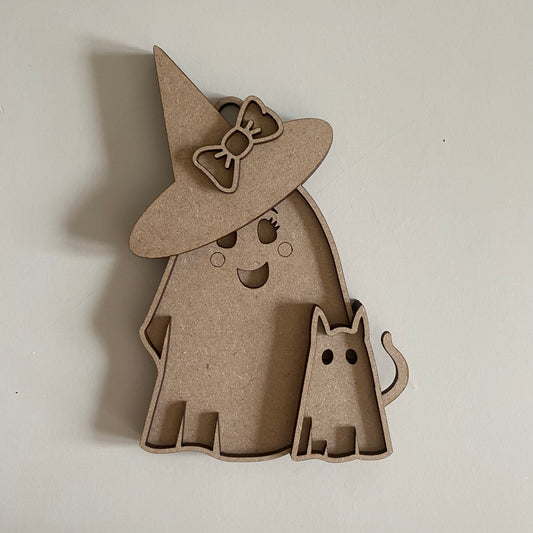12cm Ghost Witch & Cat Decoration