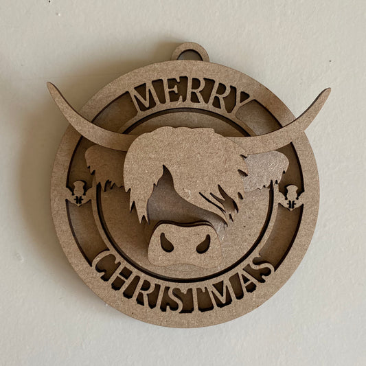 10cm Highland Cow Merry Christmas Bauble